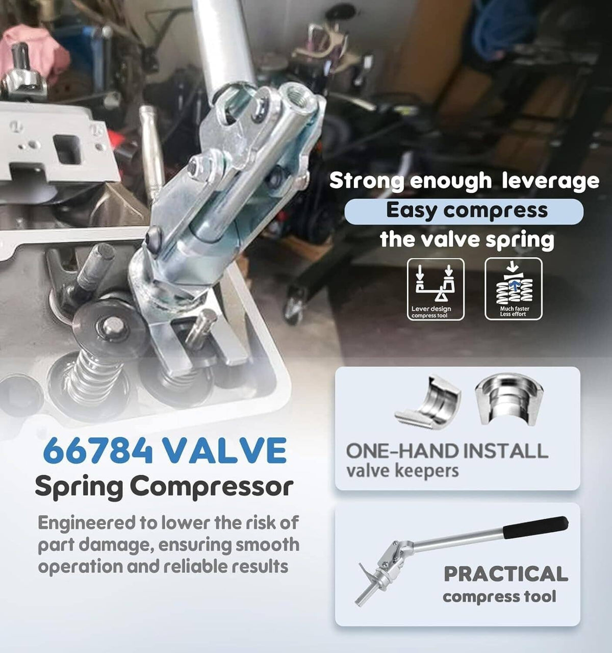 Valve spring compressor tool clamped on valve spring with metal press head and lever