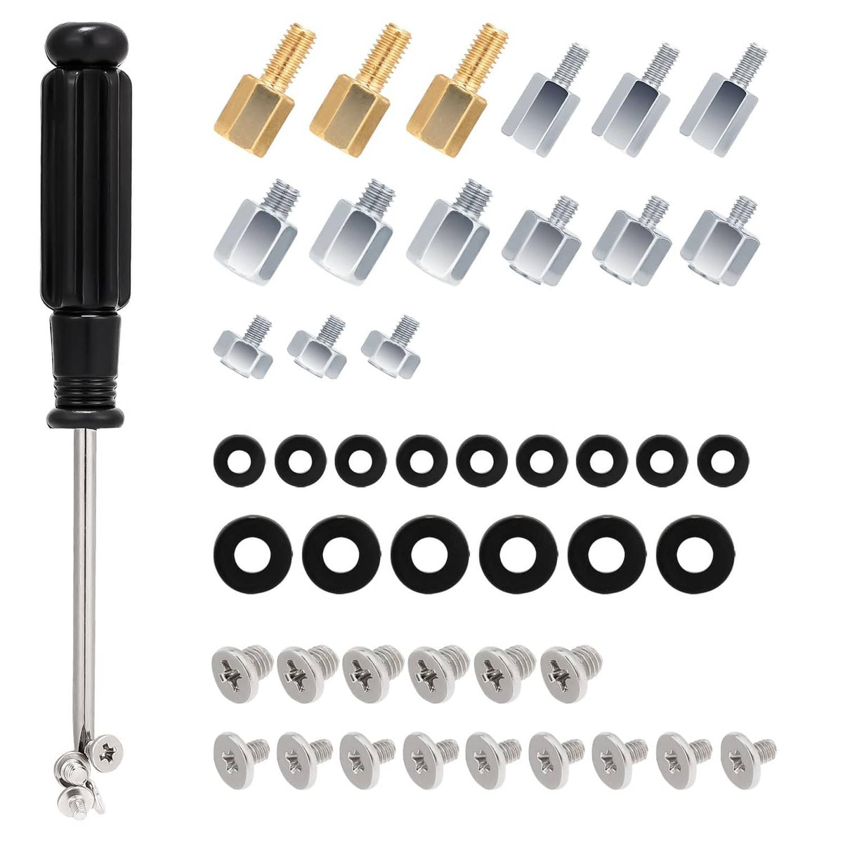Screw assortment kit with M.2 standoffs, washers, and black screwdriver handle
