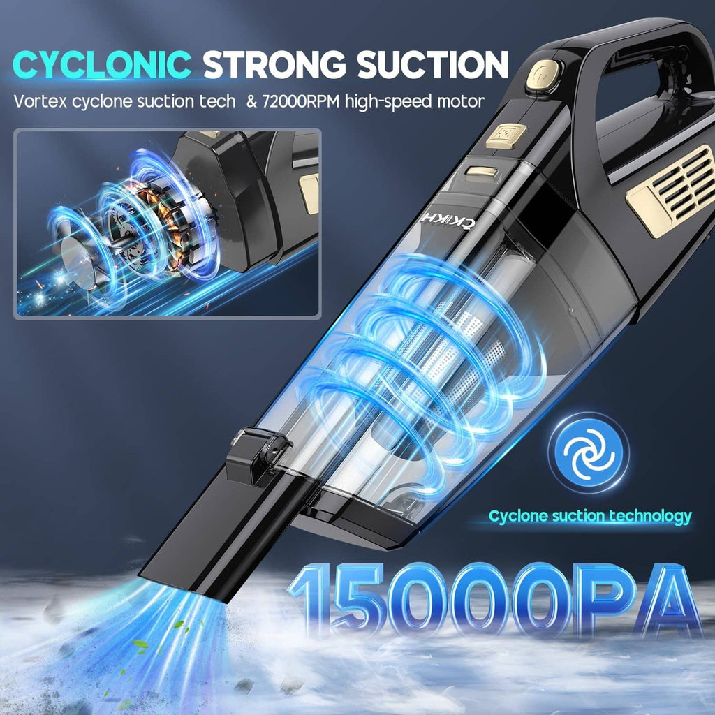 Black cordless handheld vacuum with transparent cyclone chamber and blue suction fan lighting