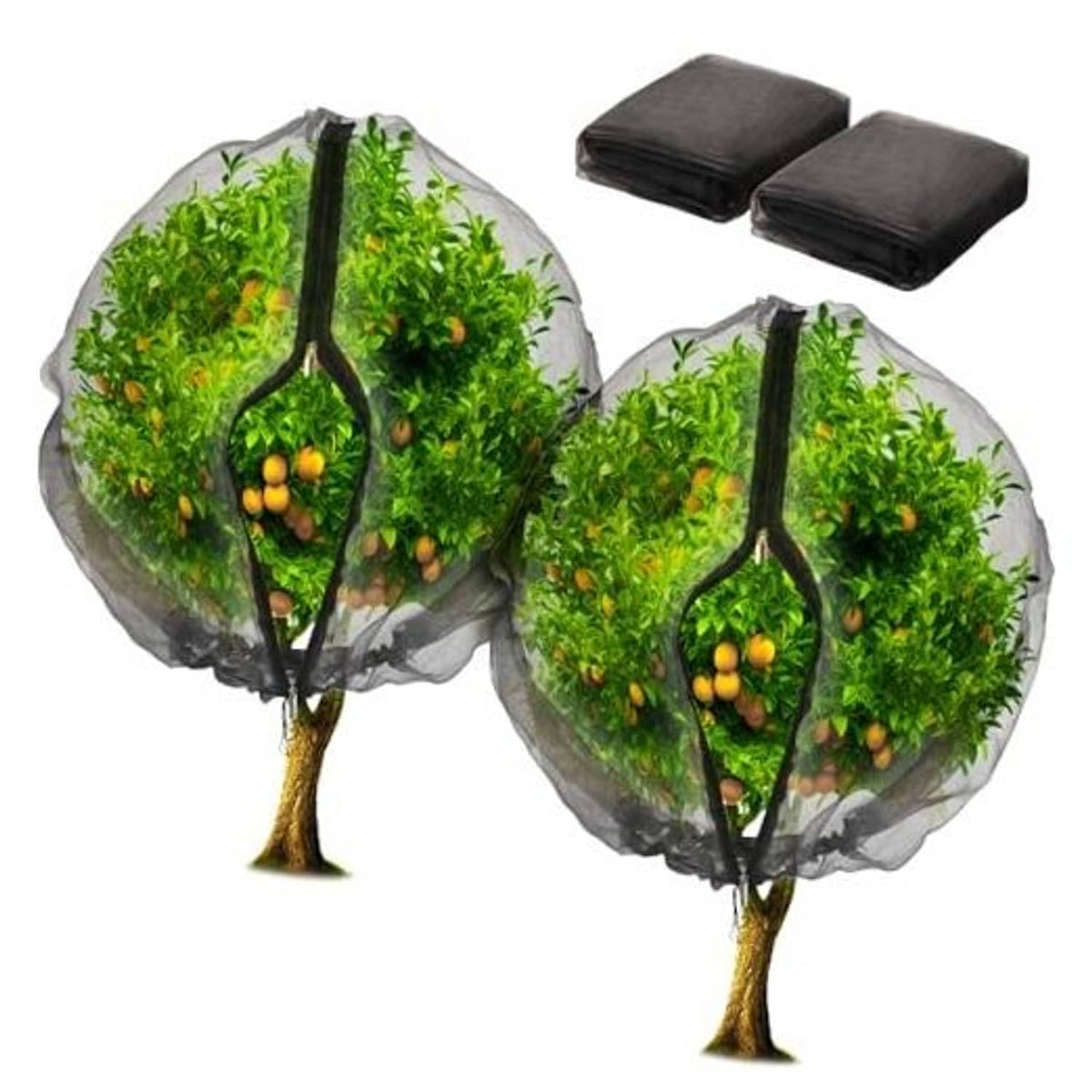 2-pack black fruit tree netting bags with zipper and drawstring, two bags with lids