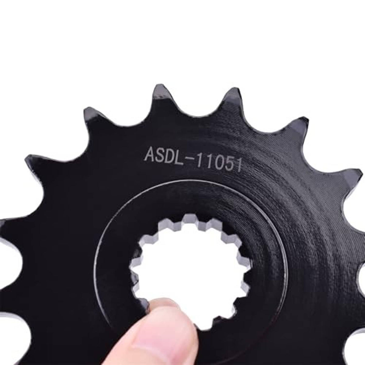 Black 520 front drive sprocket close-up, ASDL-11051 marking and center splines