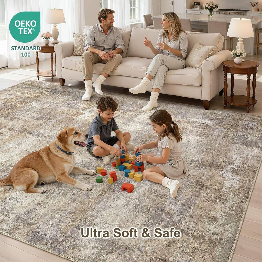 Ultra-soft distressed beige and gray area rug with bordered edge on floor