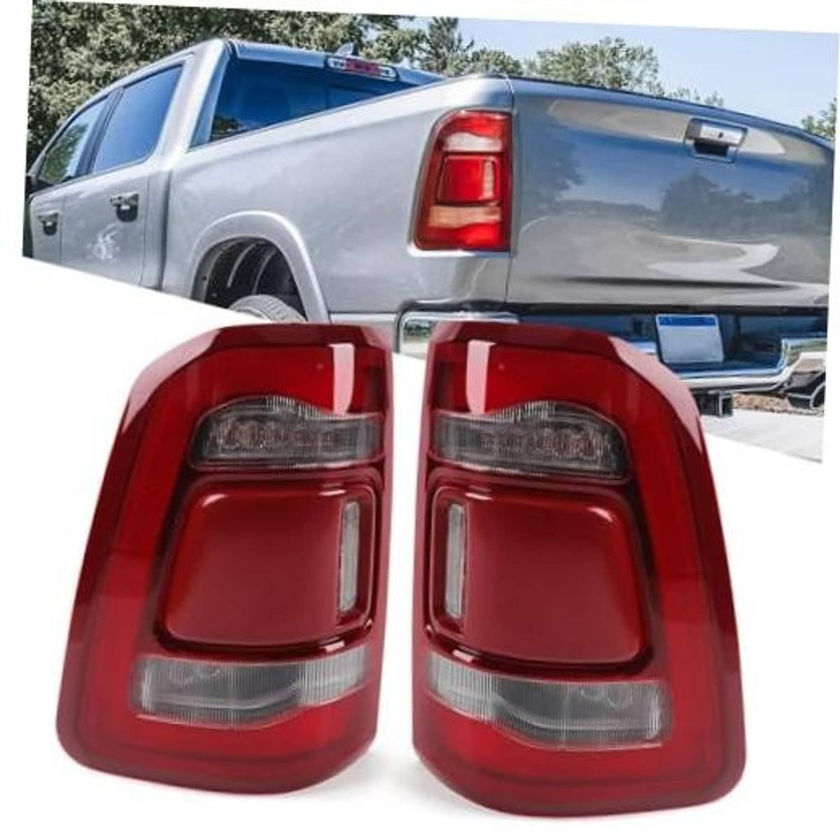Pair of red tail light assemblies with clear lens and chrome accents