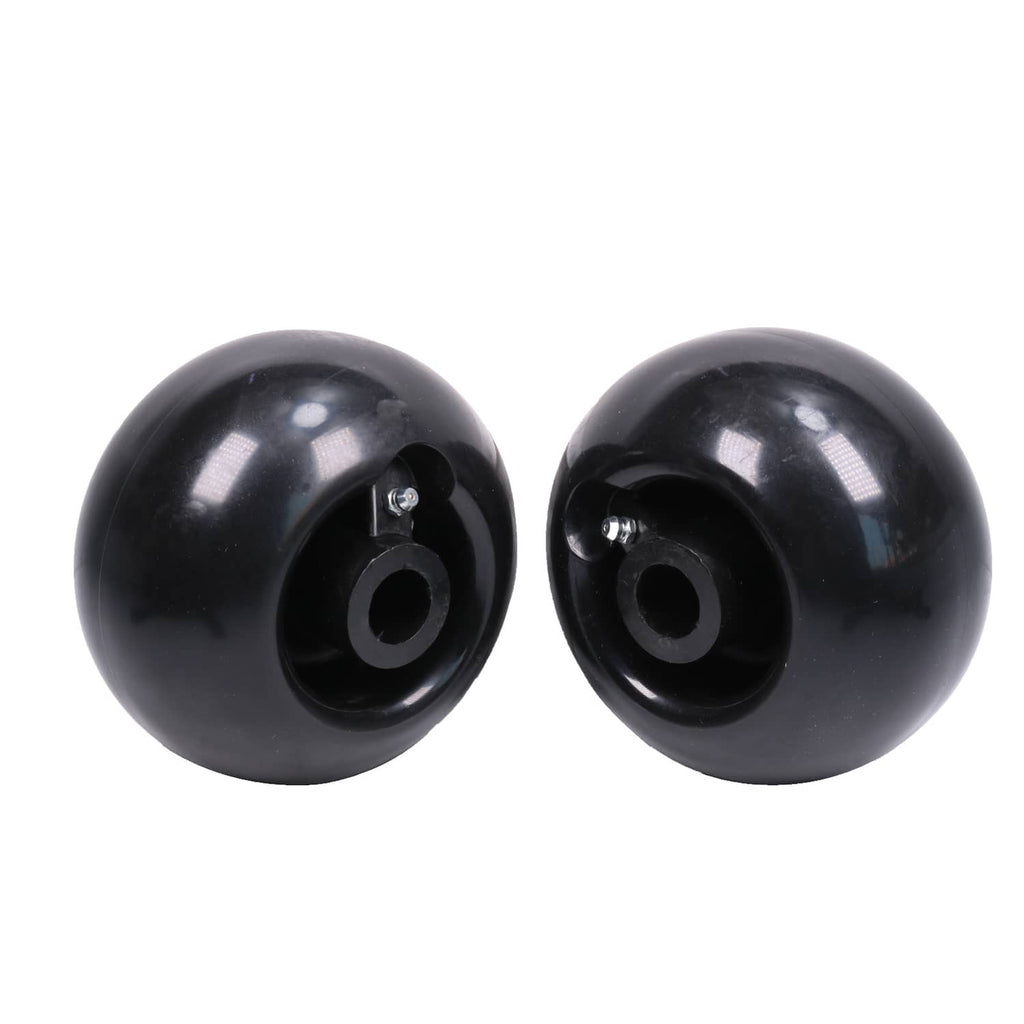Two black deck wheels shown from the side, with inner hub and center hole