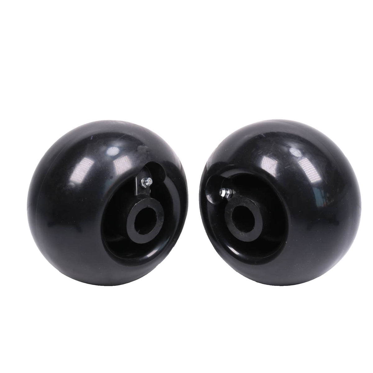 Two black deck wheels shown from the side, with inner hub and center hole