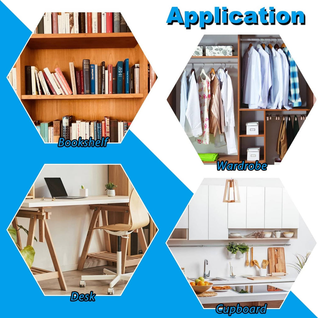 Shelf dowel pin application graphic with bookshelf, wardrobe, desk, and cupboard icons