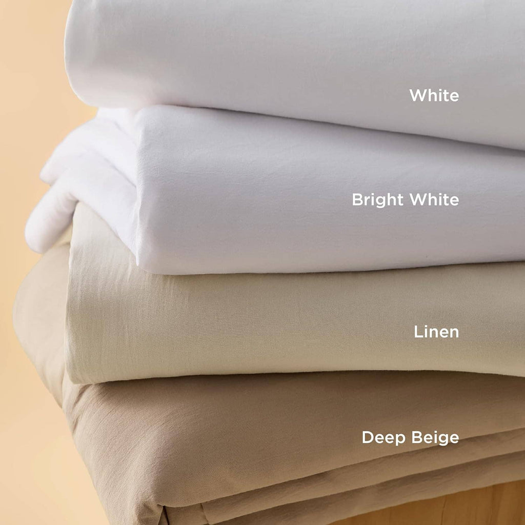 Stacked fabric color swatches for bedding: white, bright white, linen, deep beige