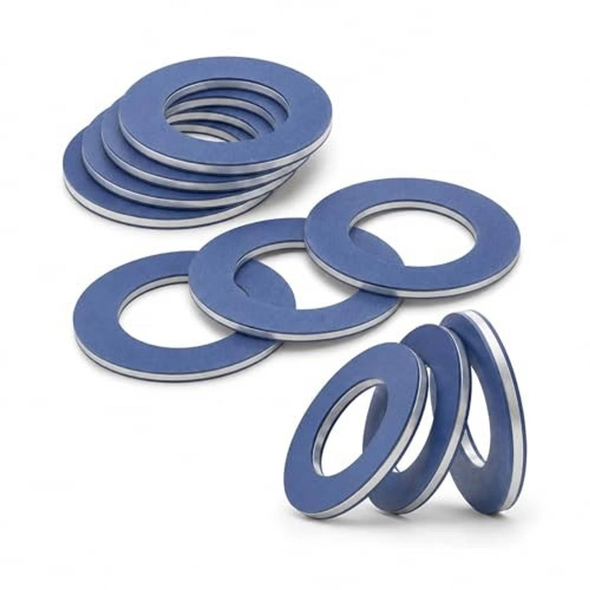 Blue oil drain plug gasket washers set with stacked discs and center openings