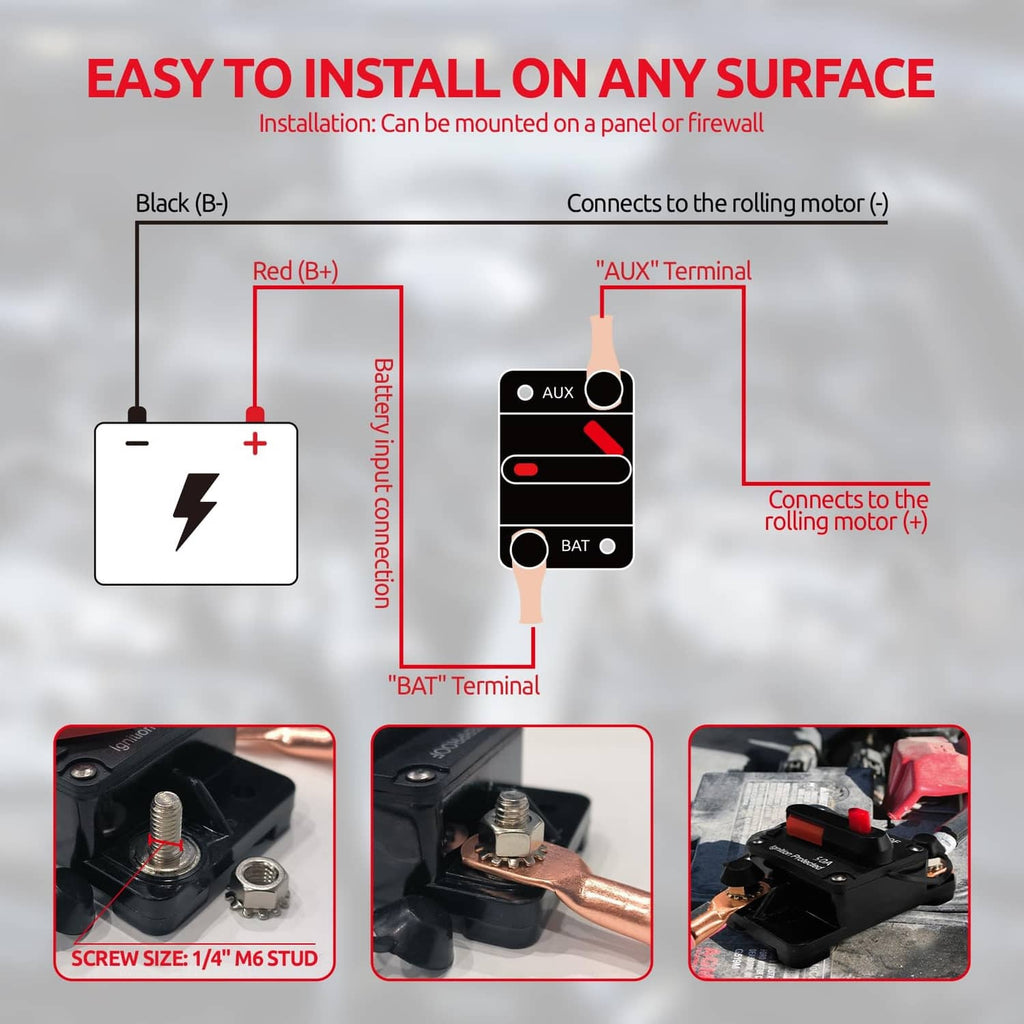 Black DC circuit breaker with mounting screws and wiring terminals for easy installation