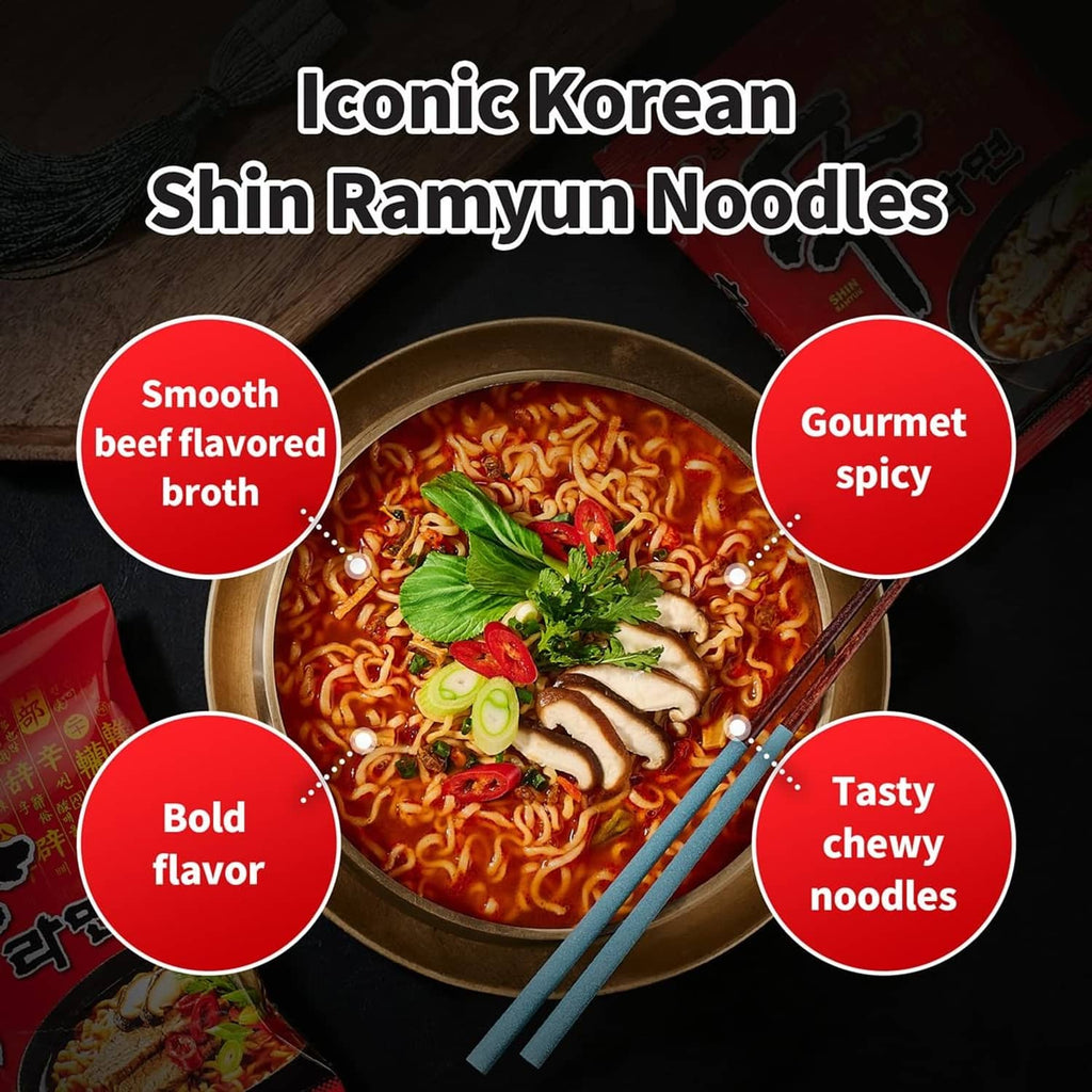 Spicy ramen noodle bowl with red packet shown in the background