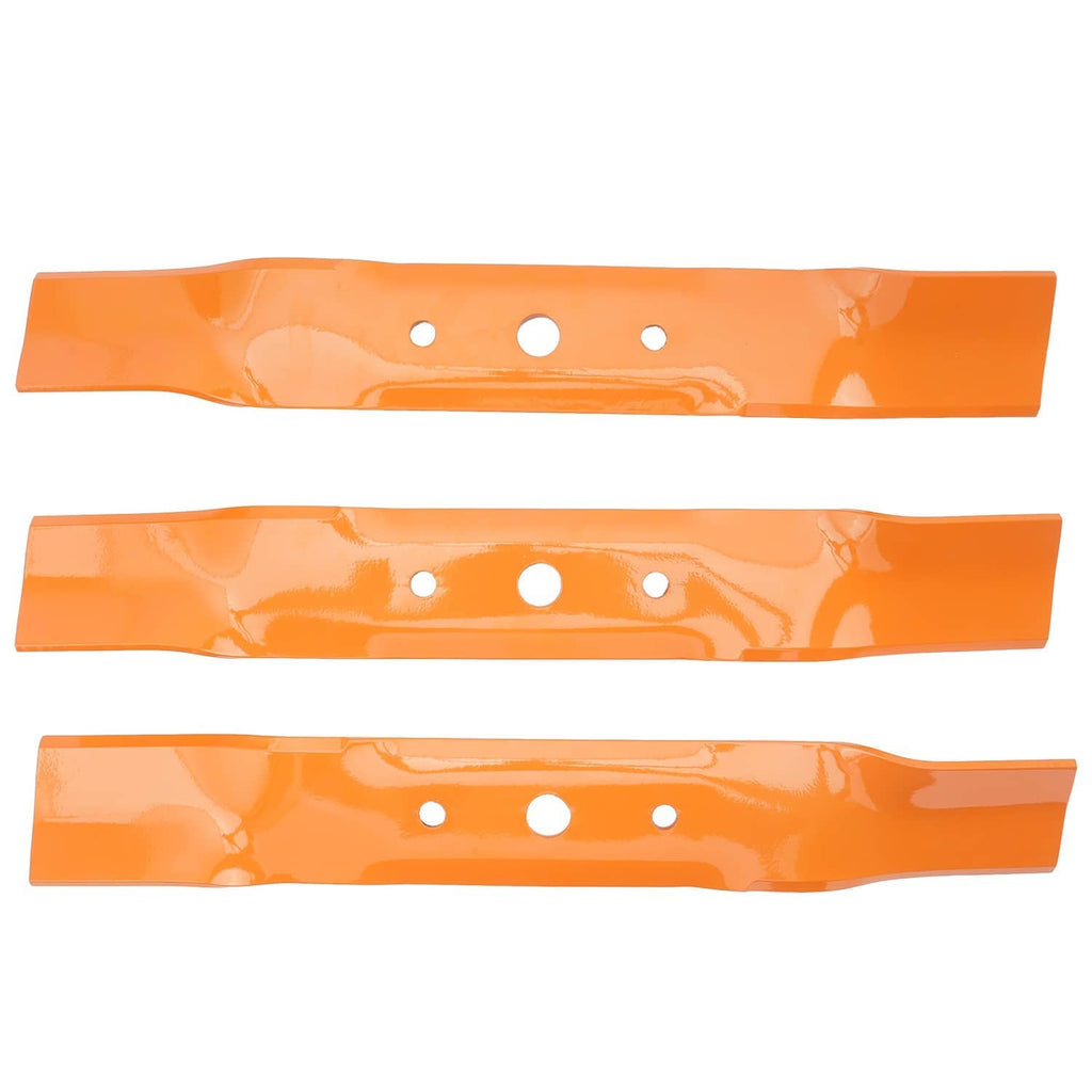 Three orange deck blades laid out flat, each with evenly spaced mounting holes