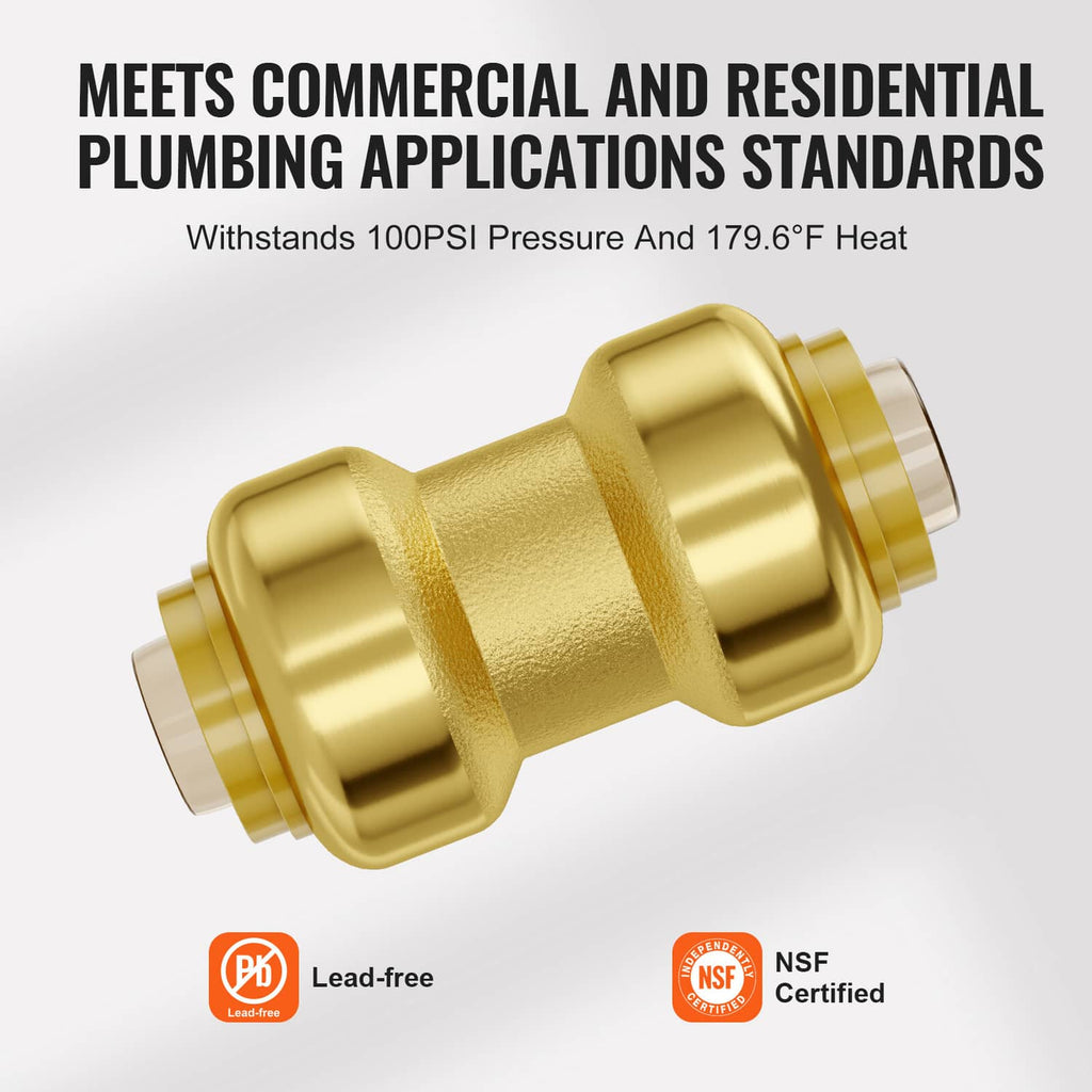 Gold brass straight-through push-fit fitting for plumbing, lead-free with certified seals