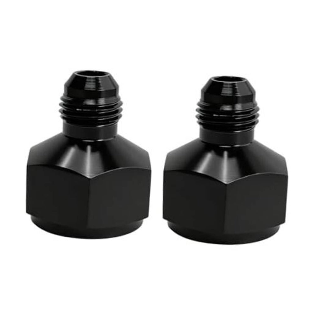 Black aluminum flare reducer adapter set, female AN10 to male AN6 (2-pack).