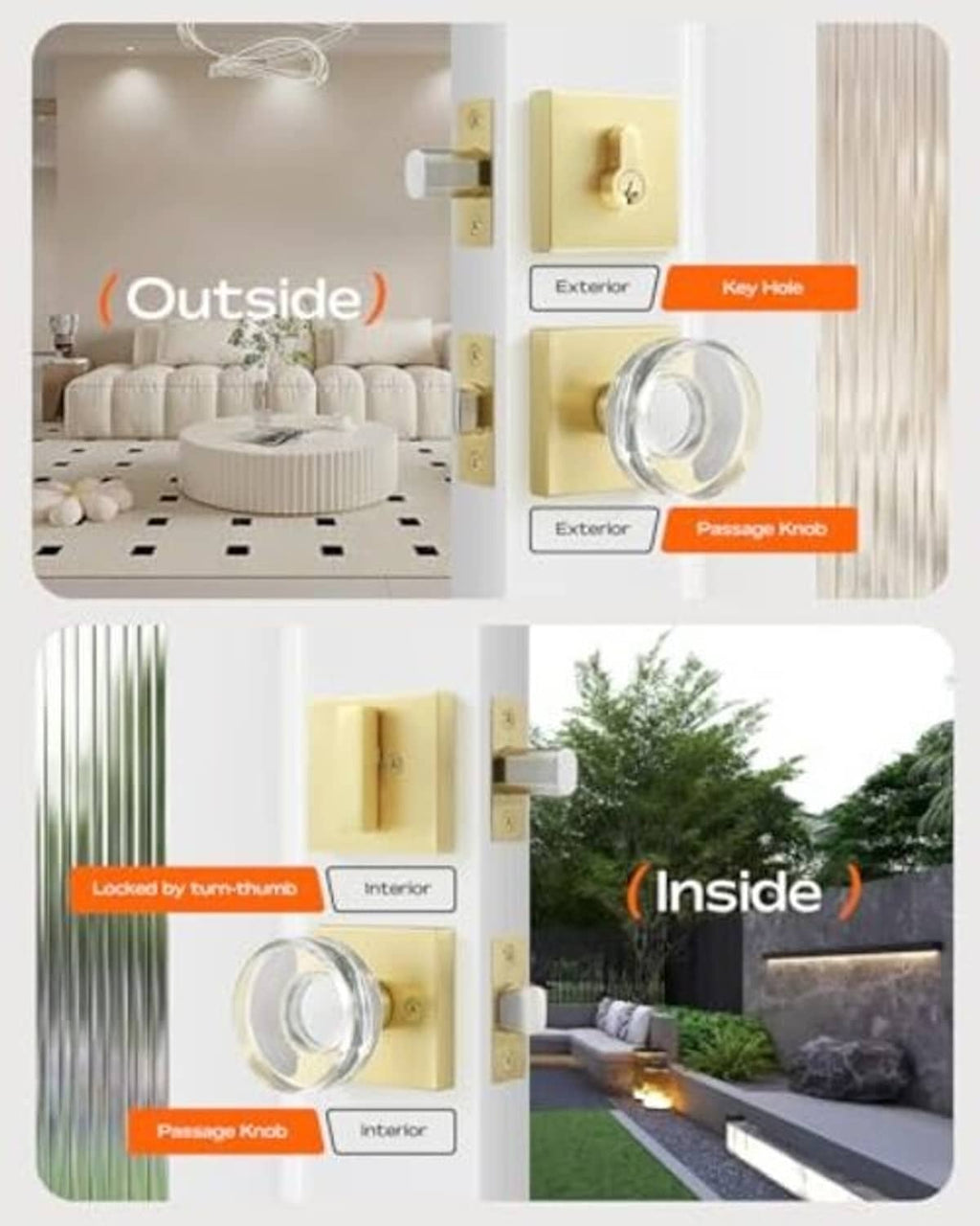 Deadbolt lock set showing exterior key hole and interior passage knob, satin brass