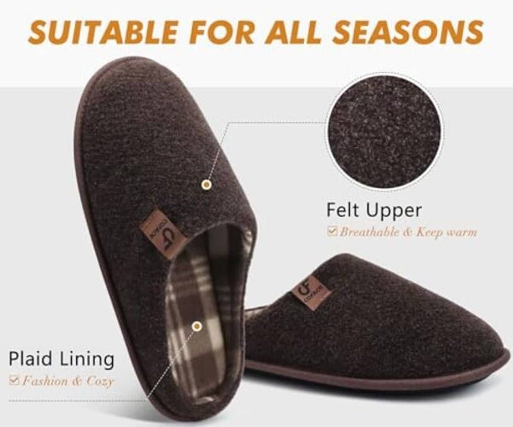 Dark brown felt slippers with plaid lining and cushioned open-heel design