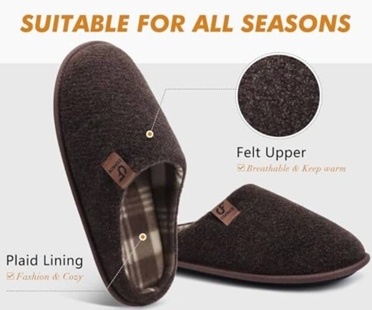 Dark brown felt slippers with plaid lining and cushioned open-heel design