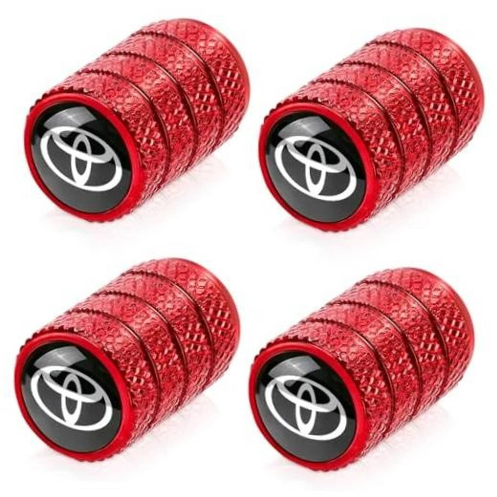 Red tire valve stem caps with Toyota logo, textured grip, black base, 2-pack