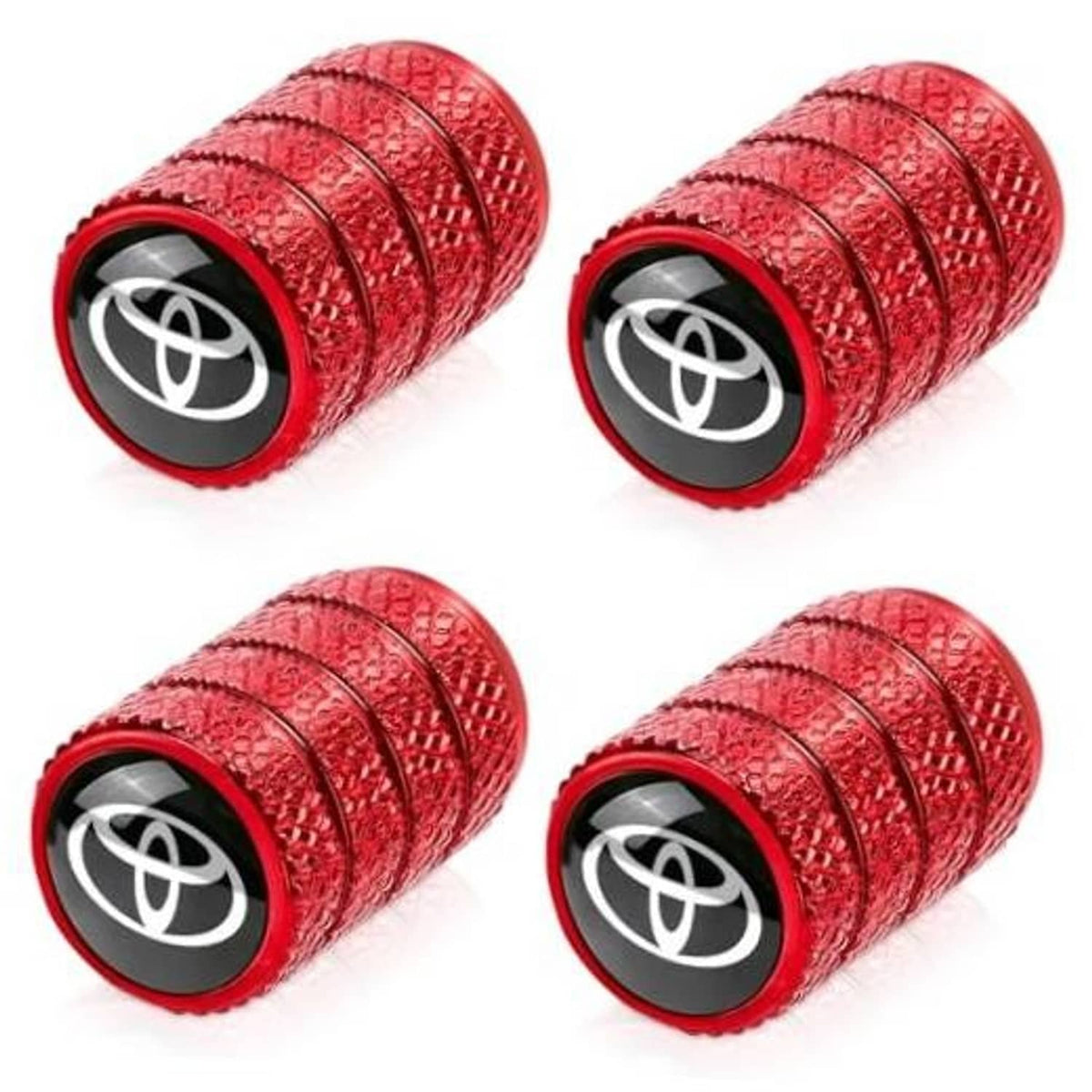 Red tire valve stem caps with Toyota logo, textured grip, black base, 2-pack
