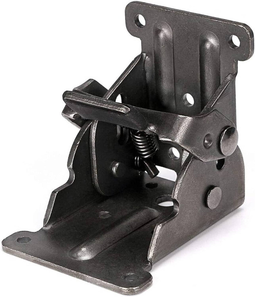 Black metal folding table leg hinge bracket with latch and spring hinge