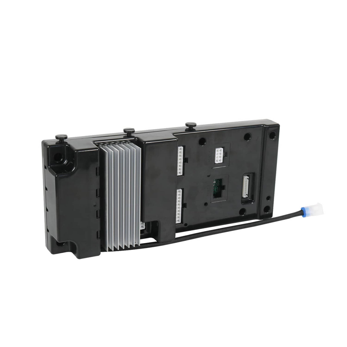 Black generator standby controller assembly with side heatsink and wiring ports