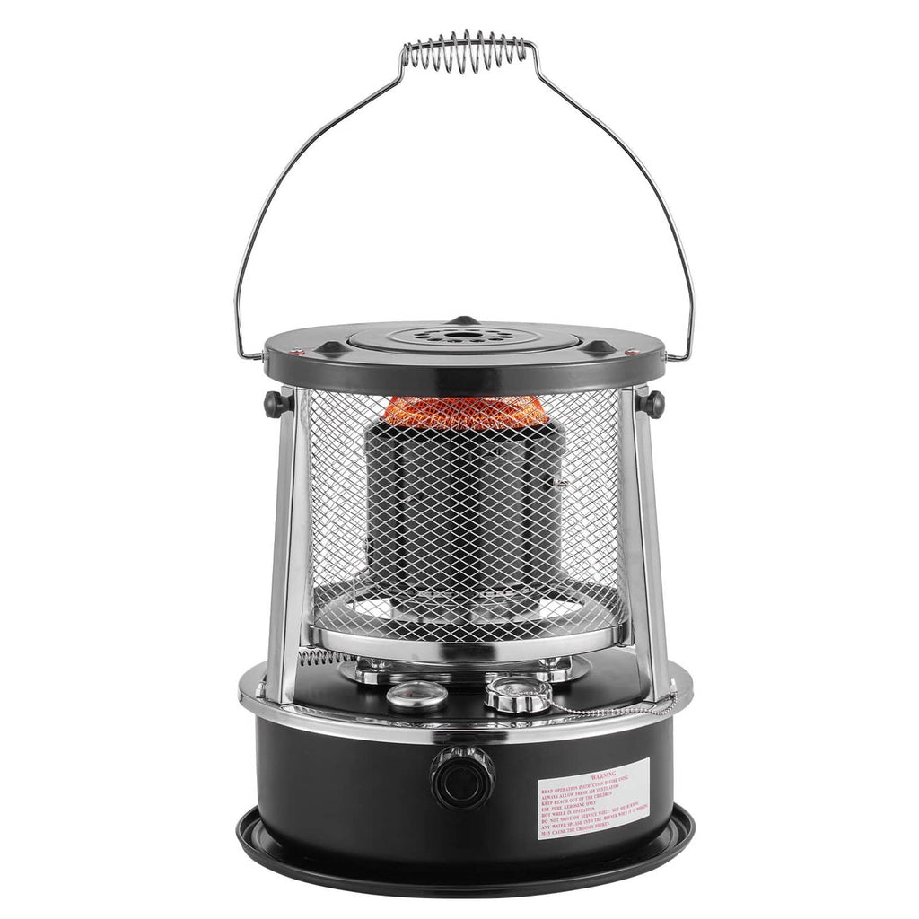 Portable kerosene stove heater with curved handle frame, mesh fire screen, control knobs