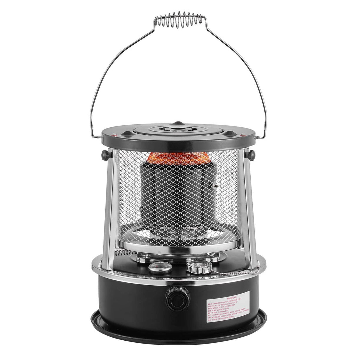 Portable kerosene stove heater with curved handle frame, mesh fire screen, control knobs
