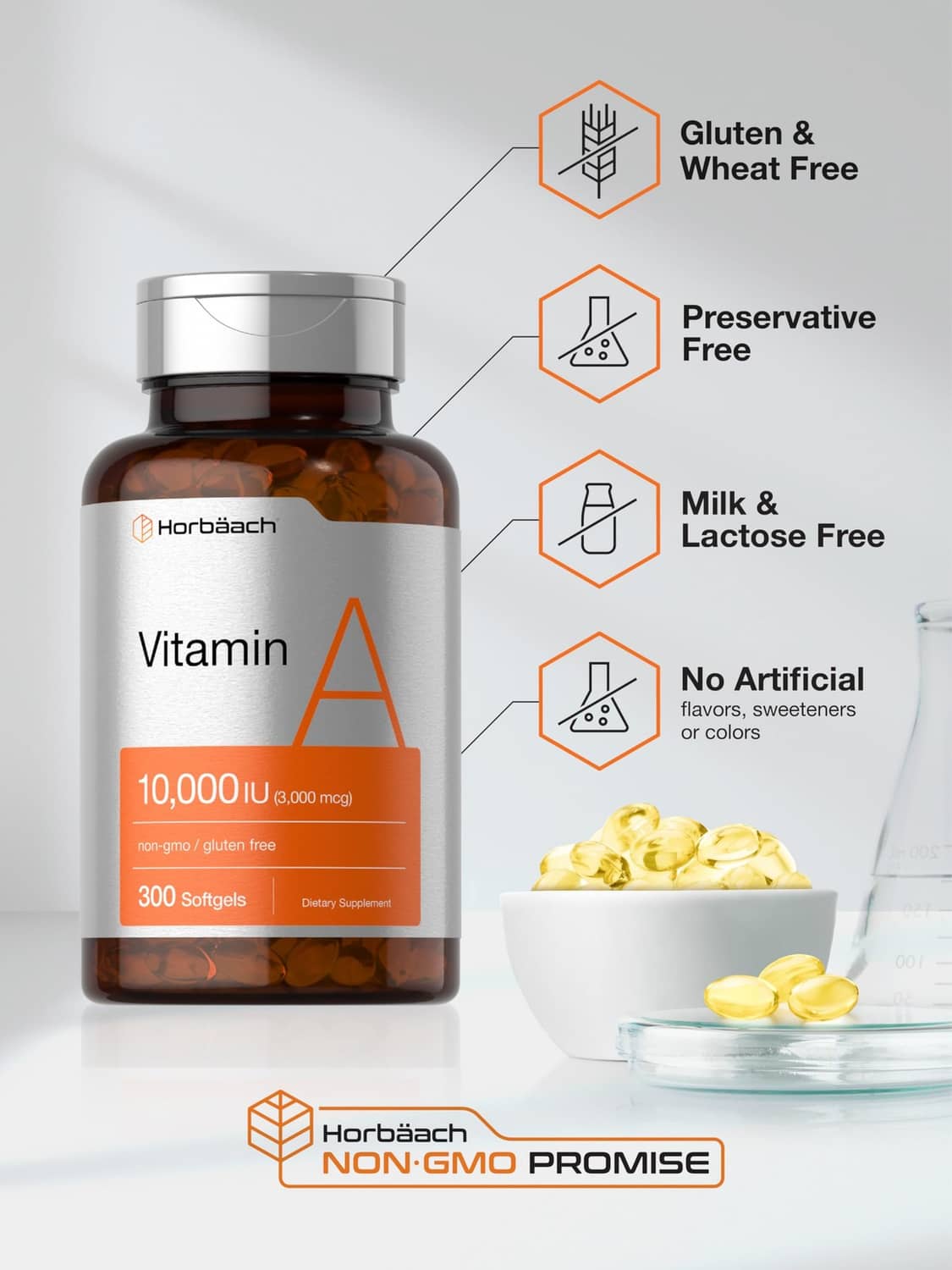 Horbäach Vitamin A softgels bottle, 300-count, with 10,000 IU label