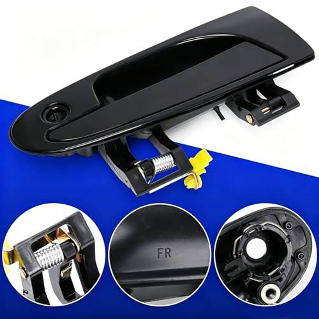 Black exterior door handle with mounting base and underside latch components