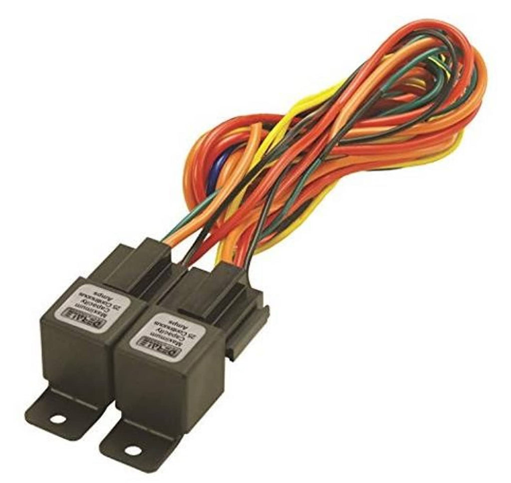 Dual relay wire harness with black mounting tabs and colored wire bundle