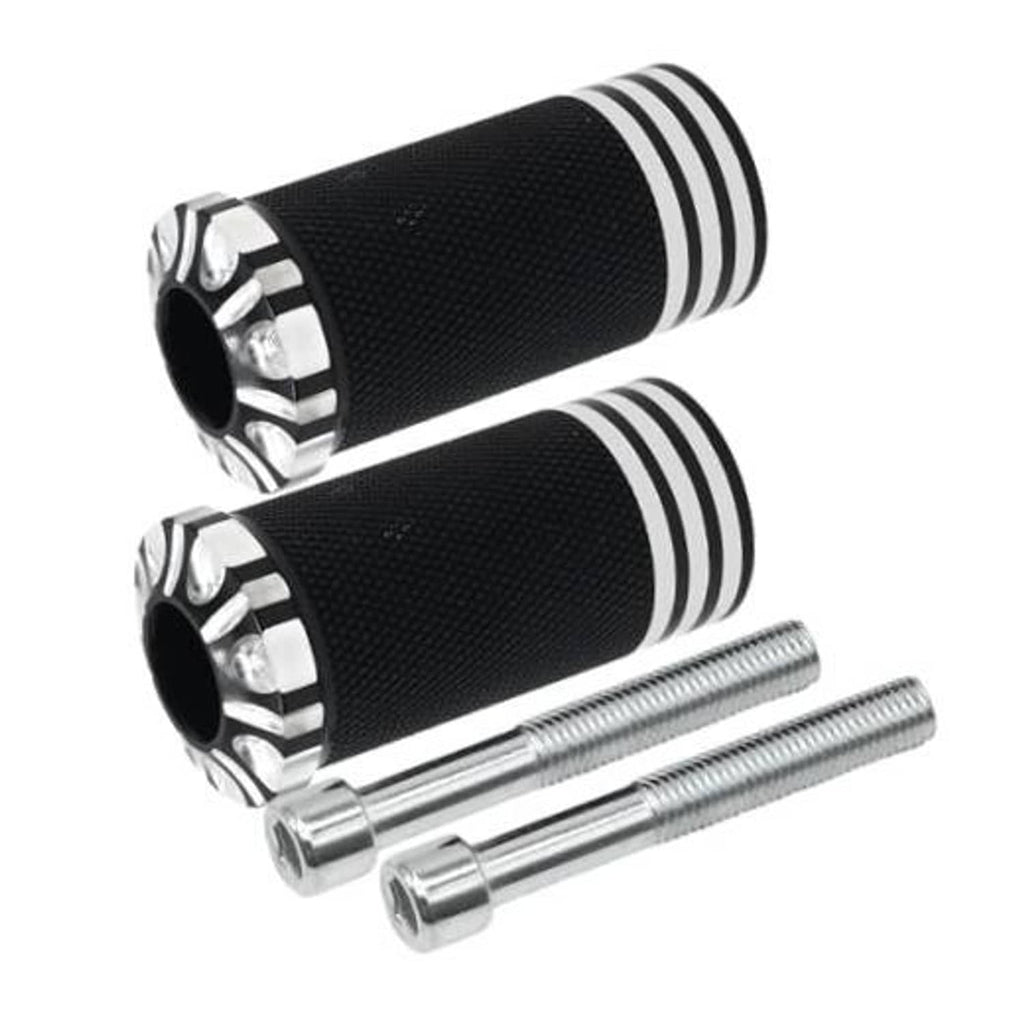 Black textured shifter pegs with silver CNC rings and two mounting bolts, replacement set