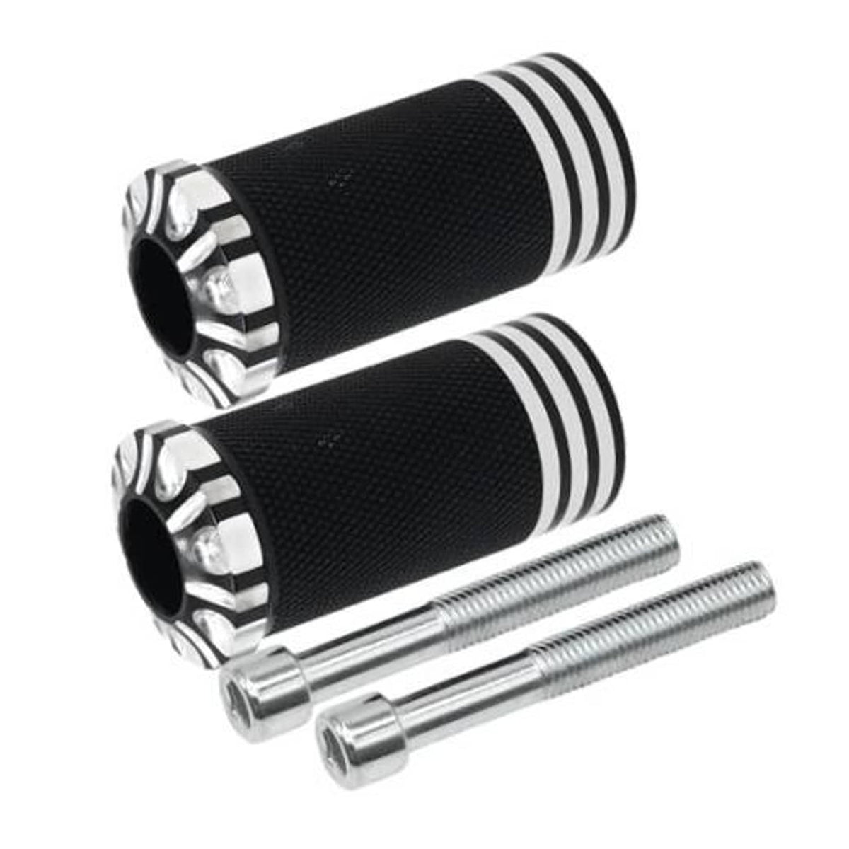 Black textured shifter pegs with silver CNC rings and two mounting bolts, replacement set