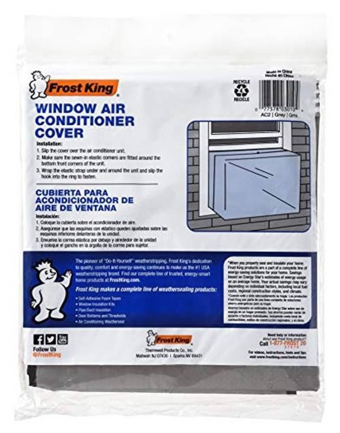 Frost King window air conditioner cover package, installation diagram and specifications