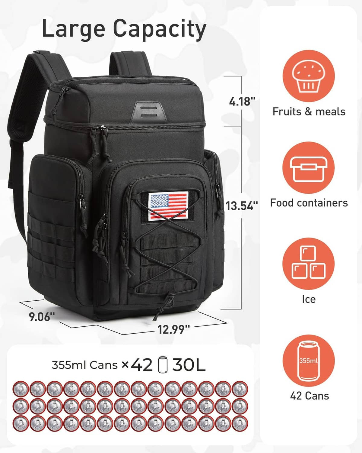 Black tactical cooler backpack with front organizer pocket and adjustable shoulder straps