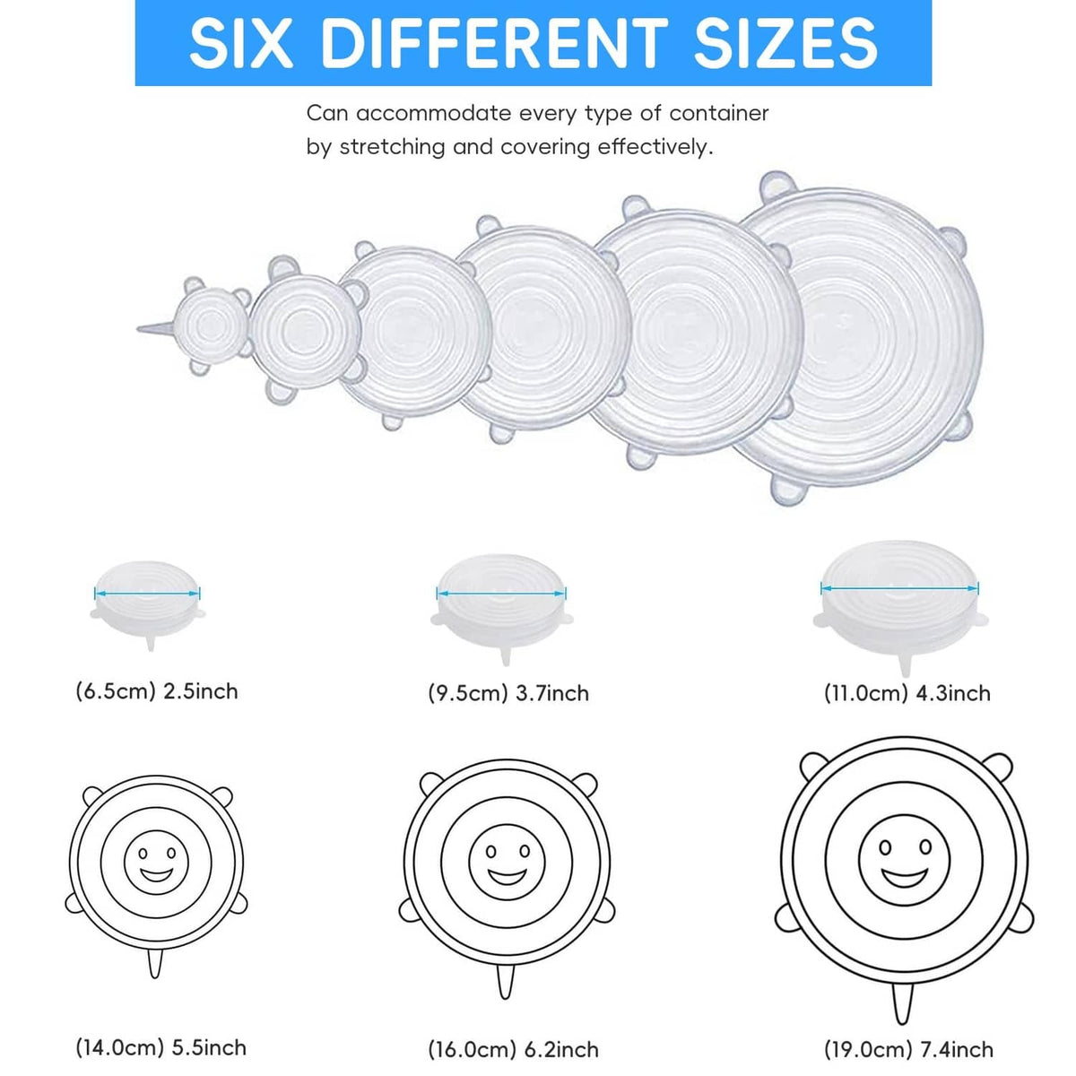 Silicone stretch lid set with six round size options, flexible covers with handles