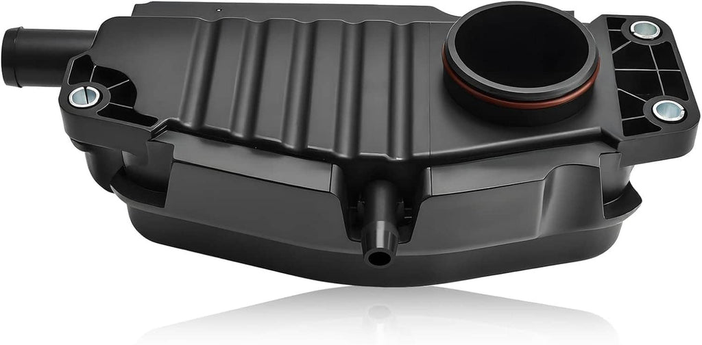Black crankcase breather housing with round air cap and outlet pipe