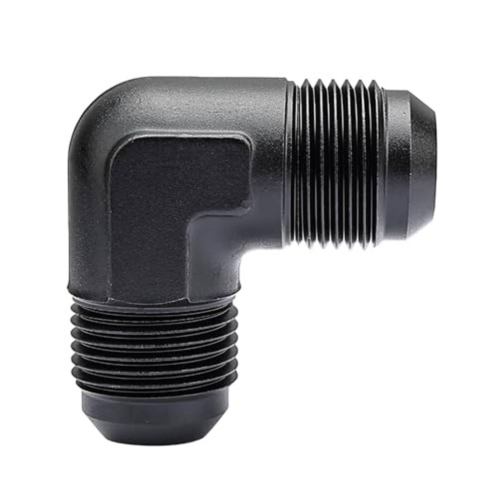 90-degree AN male-to-male flare union coupler with black finish and external threads