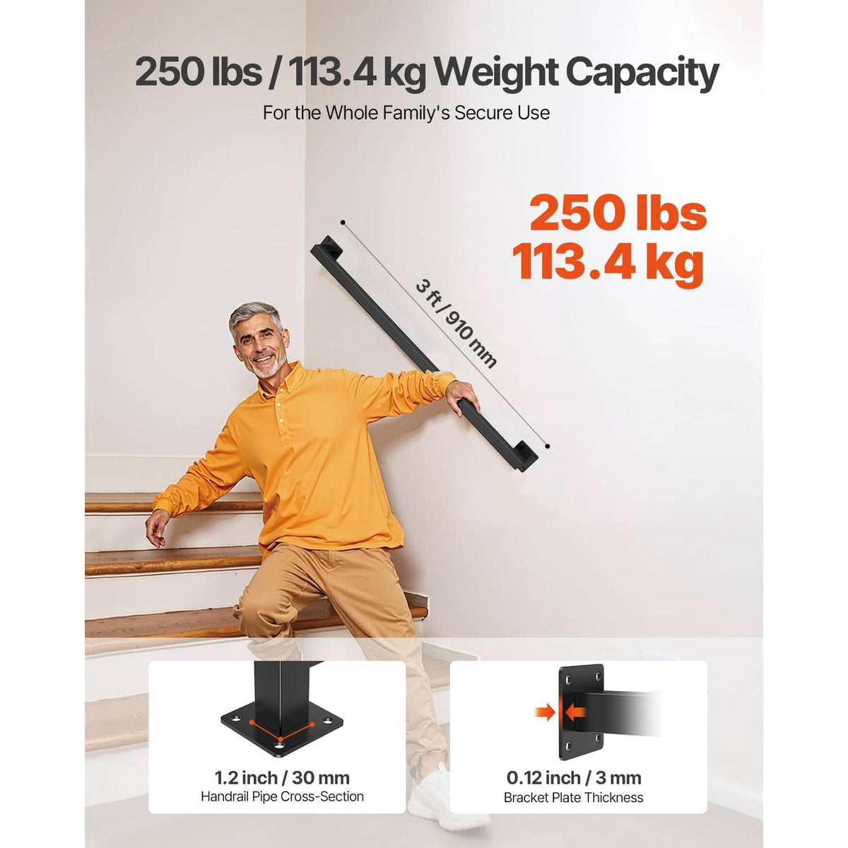 Black stair handrail with square tube and wall bracket, shown with capacity callouts