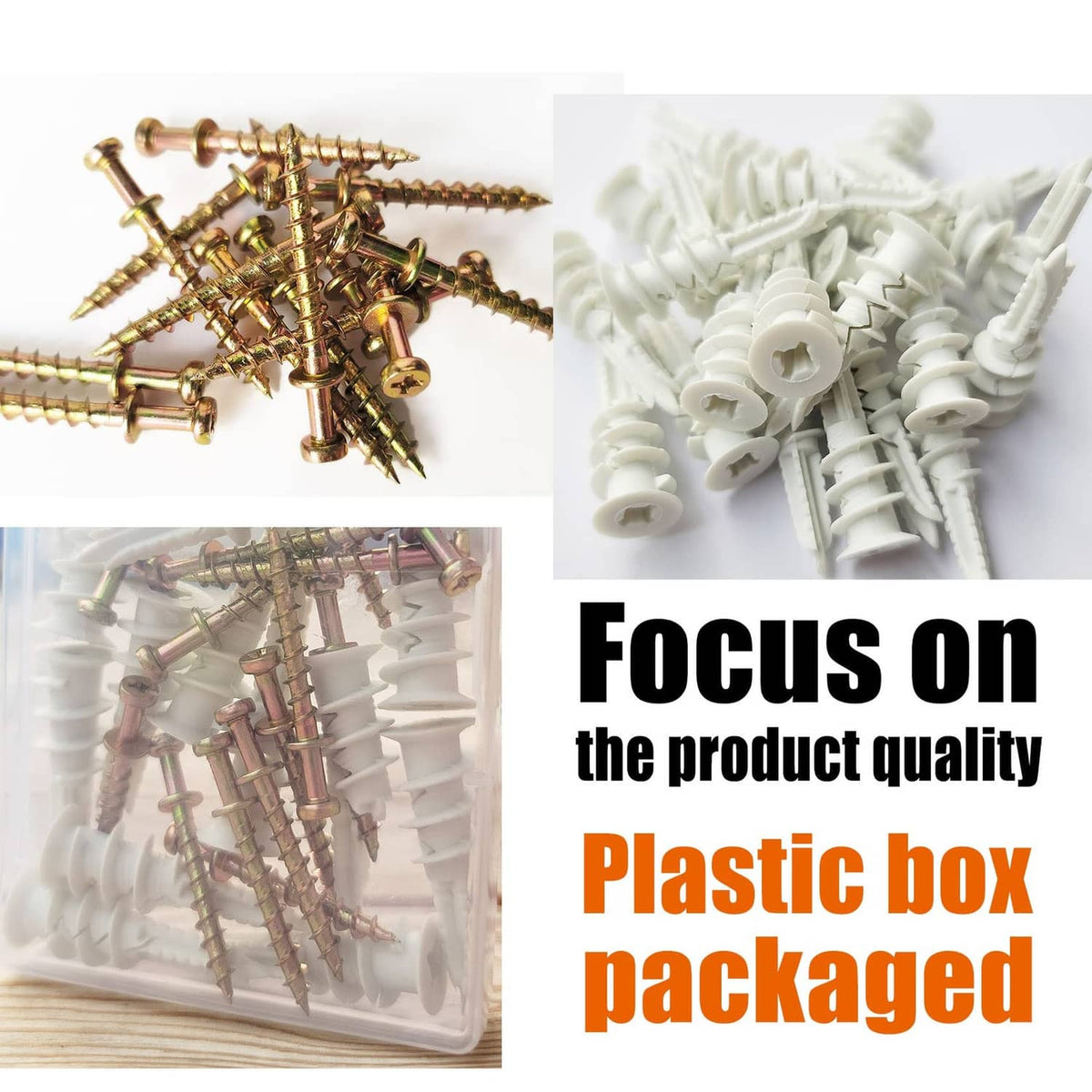 Bagged drywall anchors: white plastic plugs with gold self-drilling screws in box