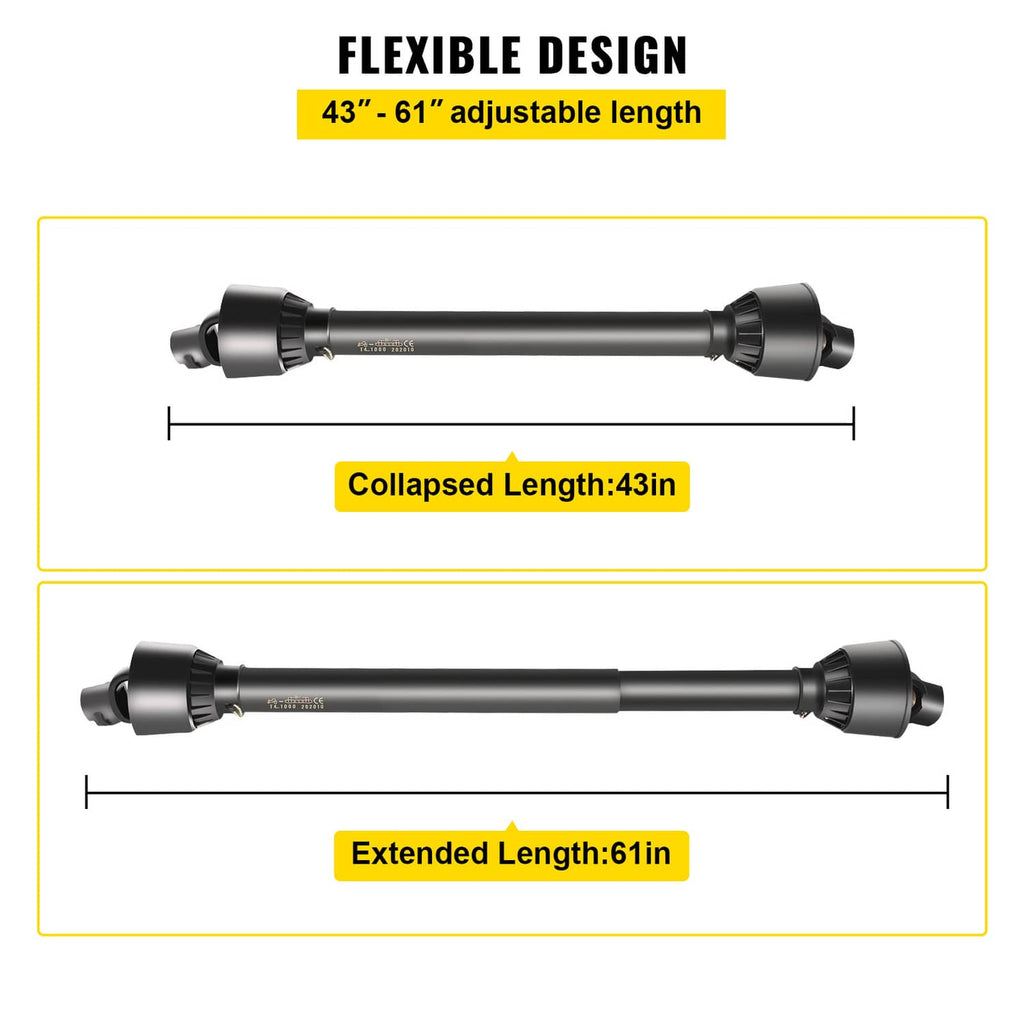 Adjustable PTO drive shaft showing collapsed and extended lengths