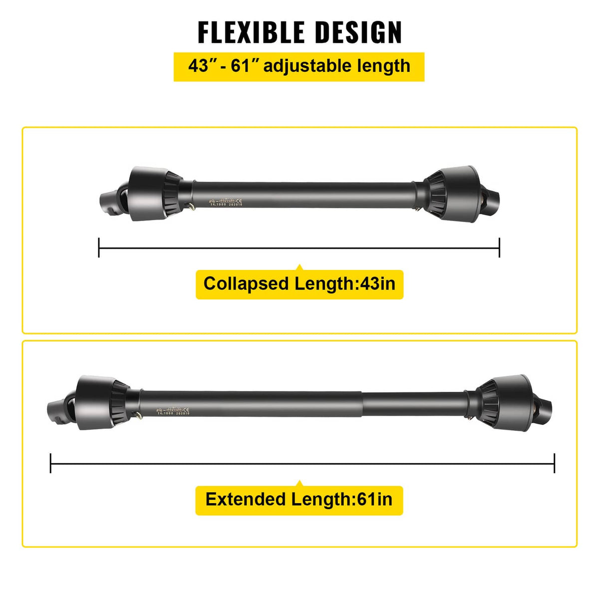 Adjustable PTO drive shaft showing collapsed and extended lengths