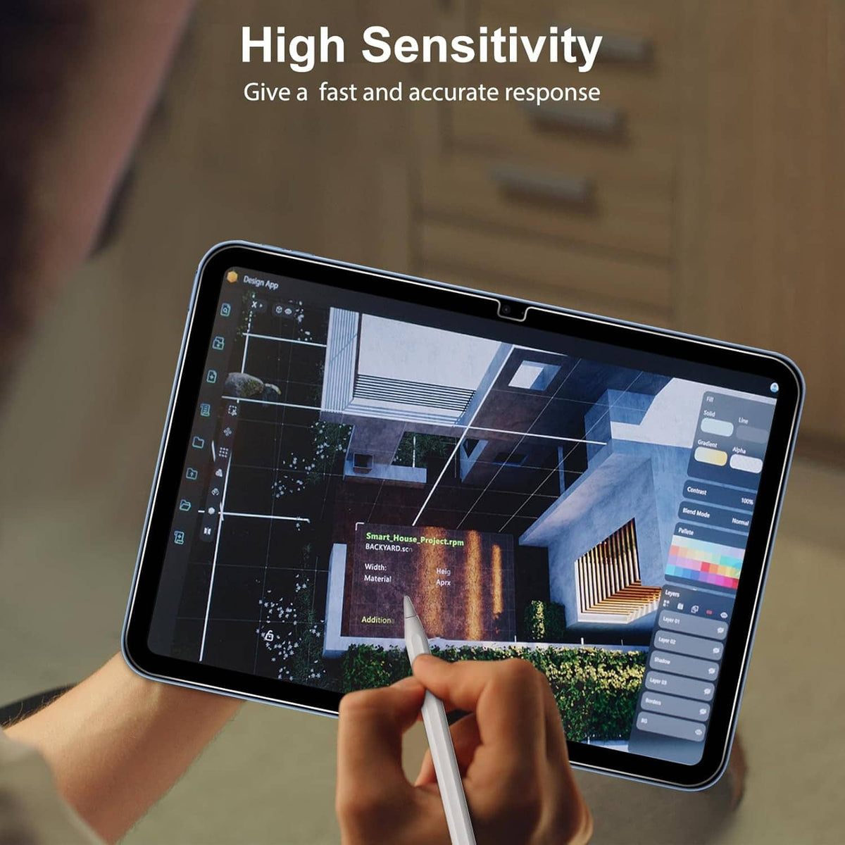 Tempered glass screen protector on iPad screen with smooth touch response, clear glass