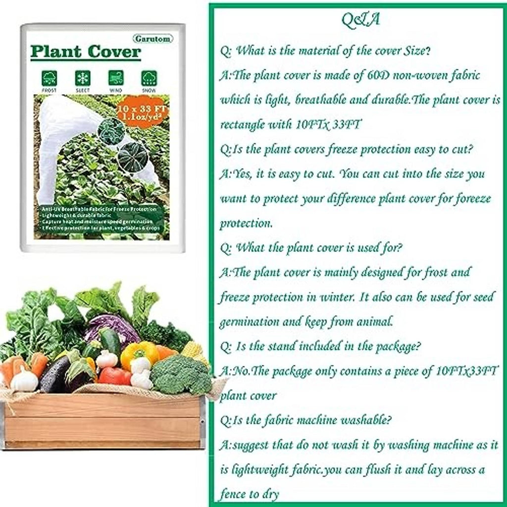 Plant cover Q&A panel describing frost protection fabric and cutting instructions