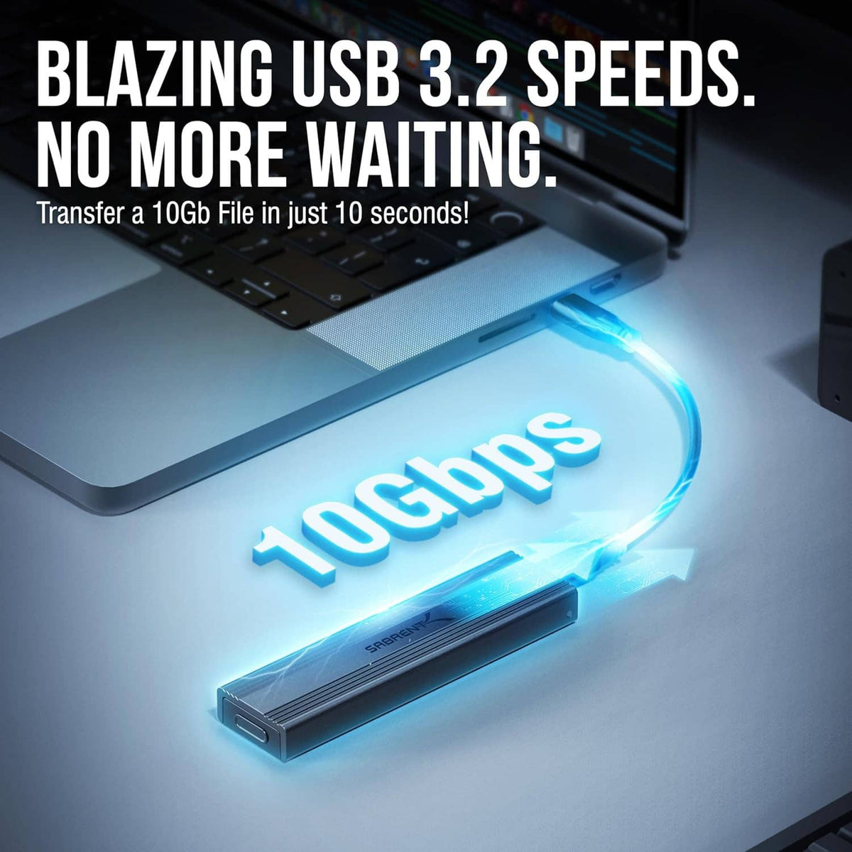 USB 3.2 Type-C M.2 NVMe/SATA SSD enclosure with glowing blue status and USB-C cables