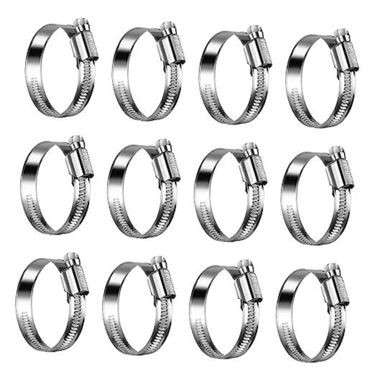 Set of stainless steel non-slip worm gear hose clamps with hex drive screw