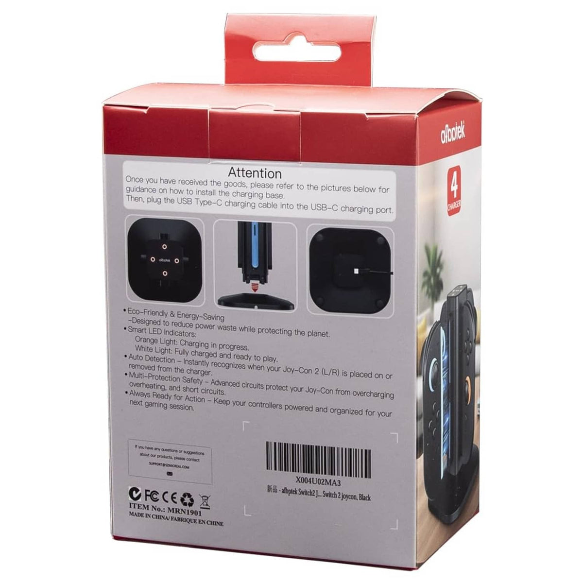 Back of retail box with charging diagram, safety notes, and barcode