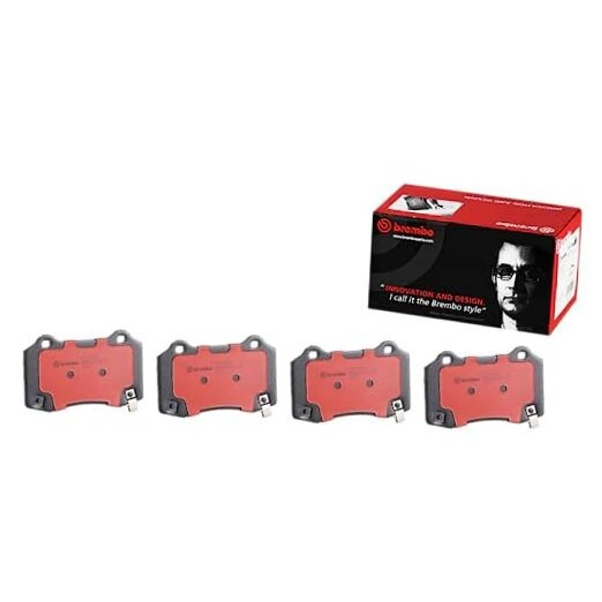 Rear ceramic disc brake pad set, red and gray pads with metal backing, 4-piece set