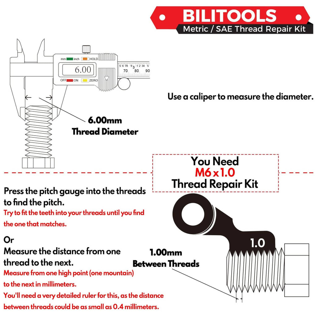 Thread repair instruction diagram showing measuring caliper, thread diameter, and pitch gauge