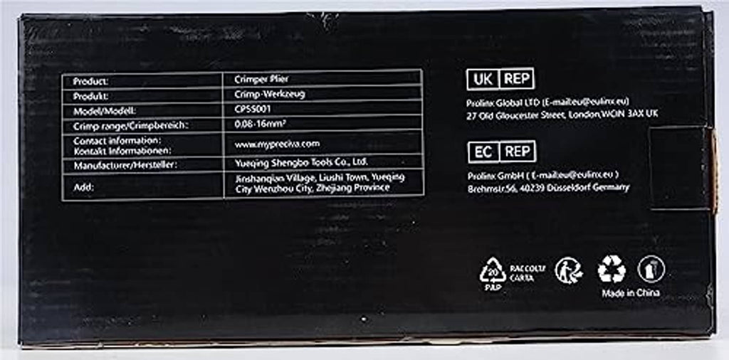 Wire ferrule crimping tool retail box with spec label and safety icons