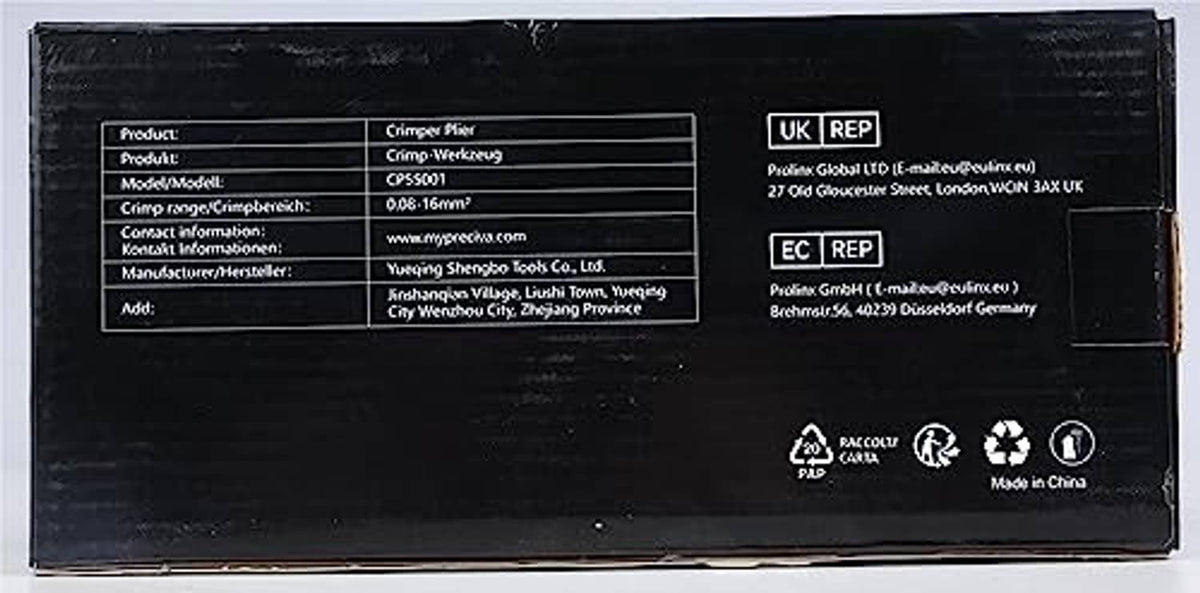 Wire ferrule crimping tool retail box with spec label and safety icons