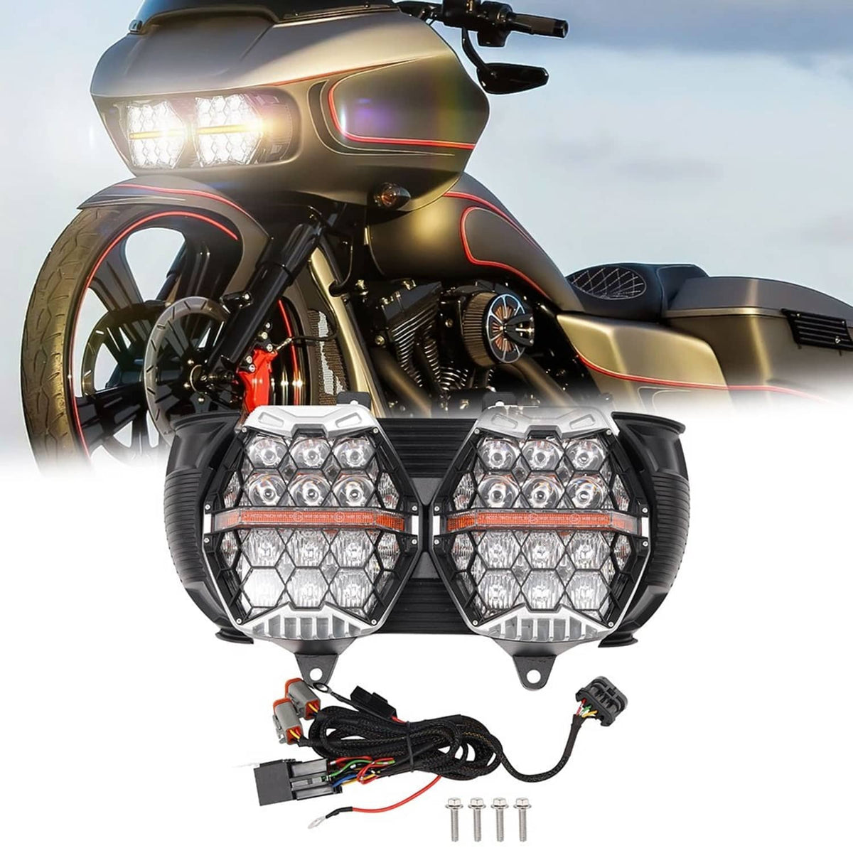 Dual LED motorcycle headlight set mounted on the front, black housing with silver bezels